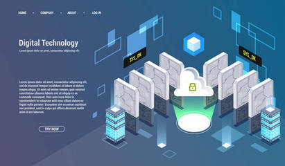 大數據處理、等距數據中心、矢量信息處理和存儲的概念。具有抽象幾何元素的創造性插圖